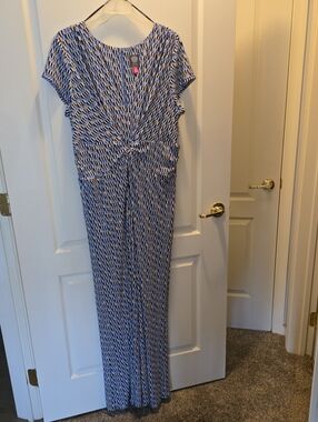 Vince Camuto Blue and White Geometric Knit Jumpsuit
